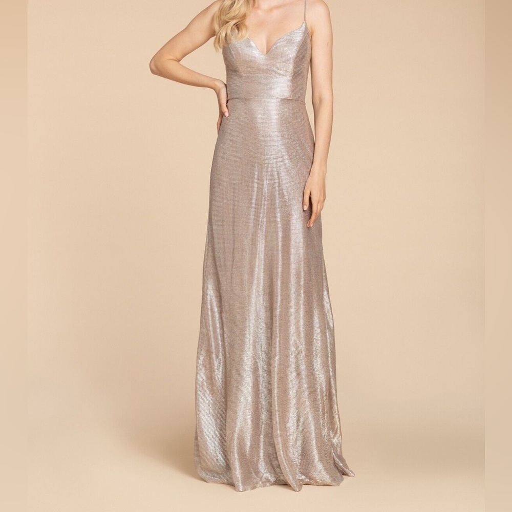 COPY - Hayley Paige Occasions dusty rose silver metallic bridesmaid prom maxi d…
